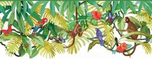 Tapet pentru copii cu tematica de jungla, elemente ilustrative: maimute, papagel, frunze de bananier. Colorat in nuante vii.