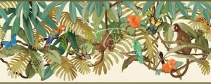 Tapet pentru copii cu tematica de jungla, elemente ilustrative: maimute, papagel, frunze de bananier. Colorat in nuante de maro si poftocaliu.