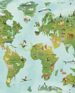 Tapet pentru copii din hartie cu ilustratie - harta lumii cu fundal albastru deschis si verde.