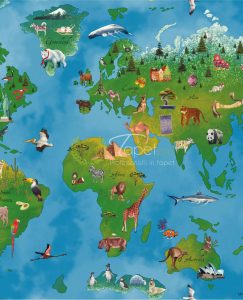 Tapet pentru copii din hartie cu ilustratie - harta lumii cu fundal bleumarin si verde.